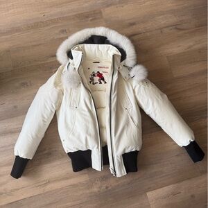 Moose Knuckles White Bomber Jacket with Fur Trim